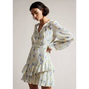 TED BAKER Suziiee Floral Asymmetric Ruffle Mini Dress Sky Blue Cottagecore NWT